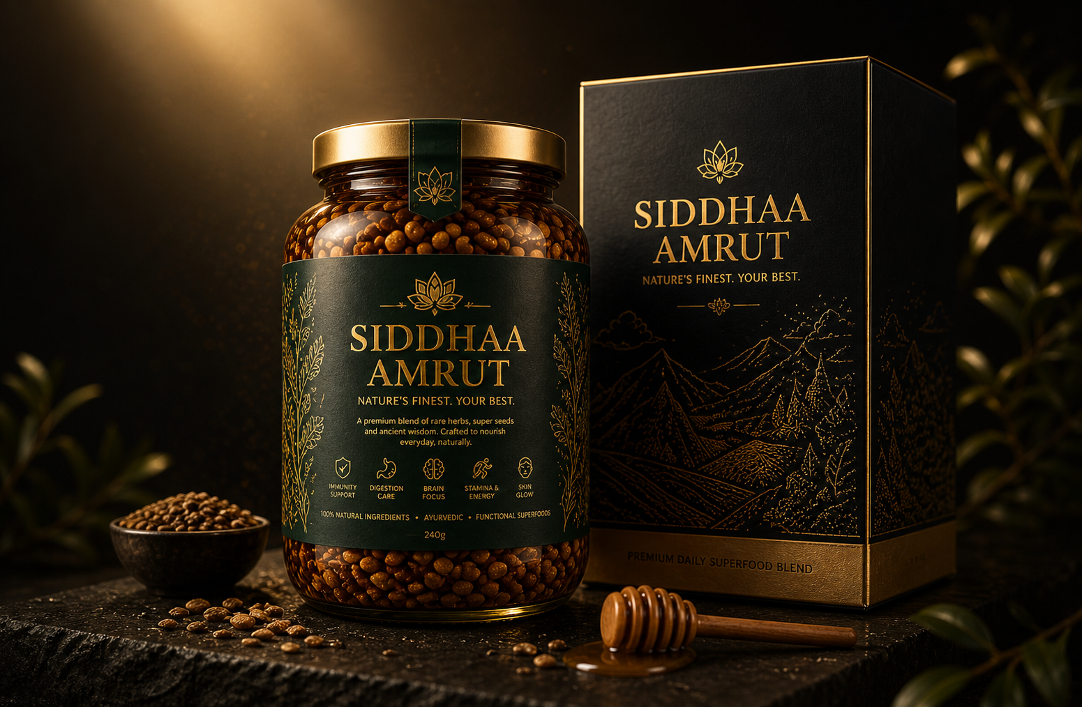 SIDDHAA AMRUT jar and premium packaging with honey dipper